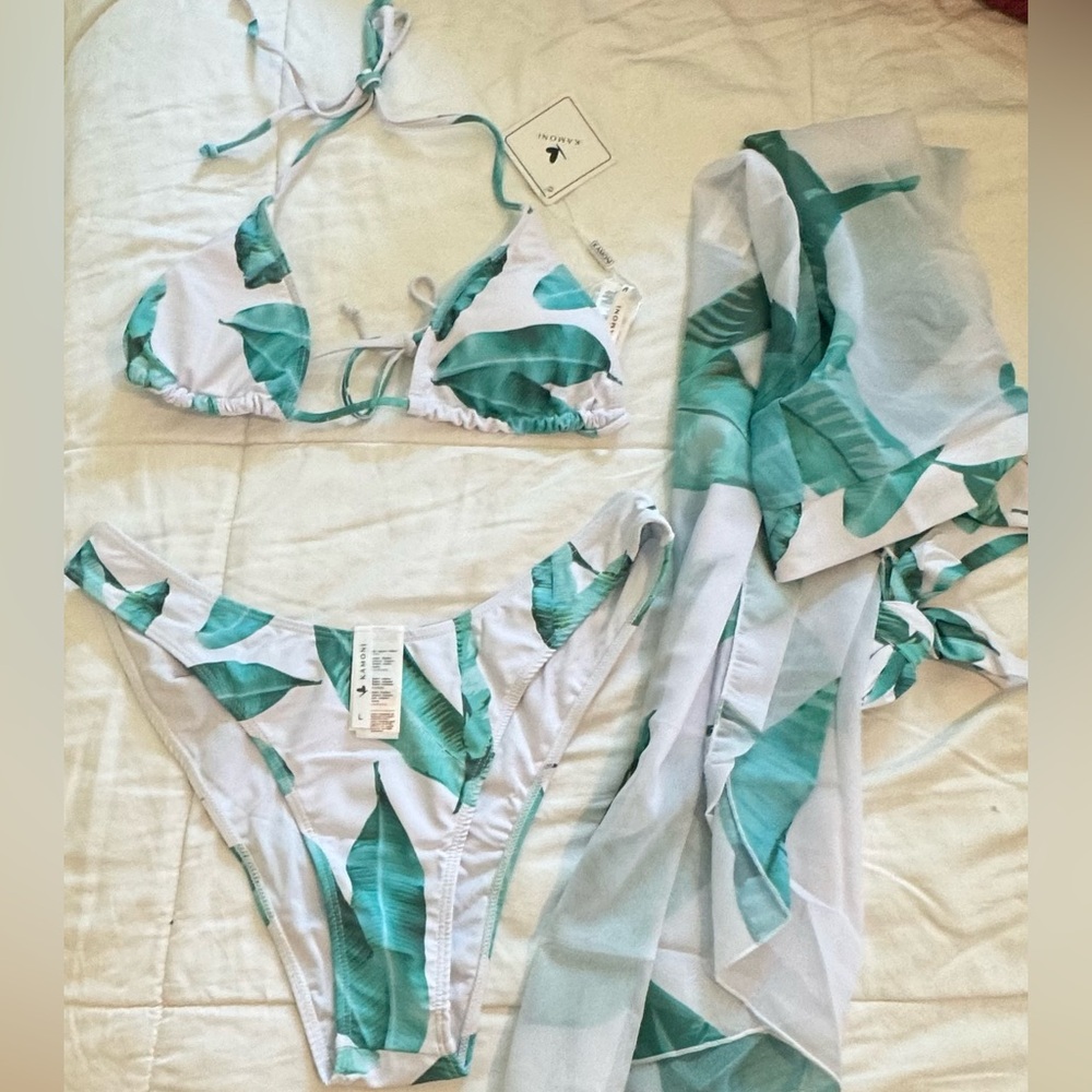 Women’s White & Green Leaf Print Bikini Set with Sarong